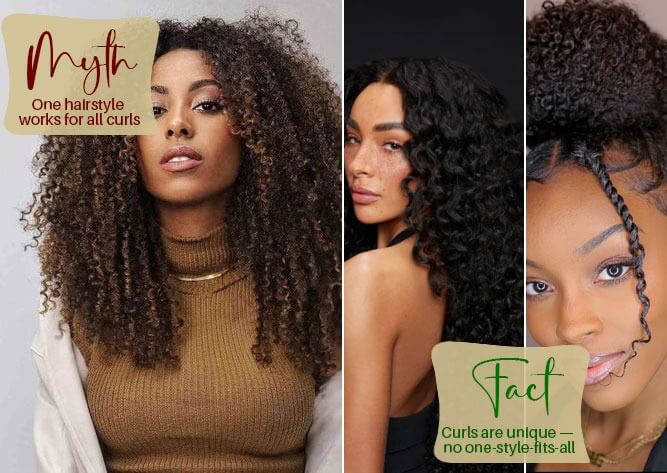 Different curly and afro hair types showing that each curl pattern needs a different hair care routine
