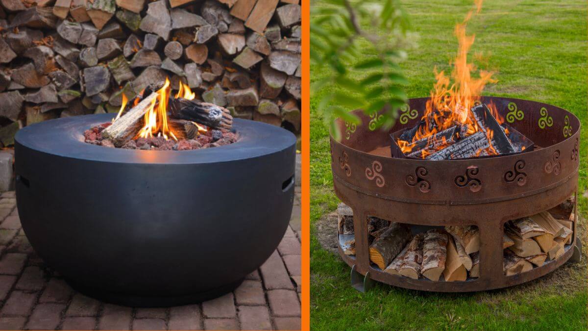A side-by-side image of two fire pits: a sleek black bowl and a rustic metal ring with cut-out patterns.