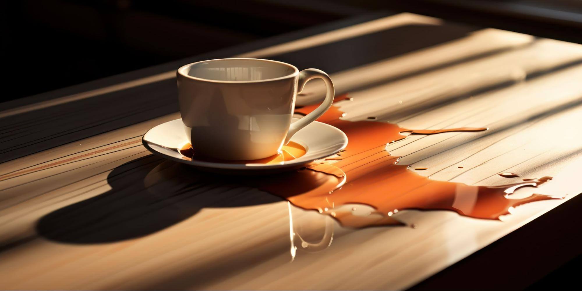 cup next to spilled coffee on sunlit table