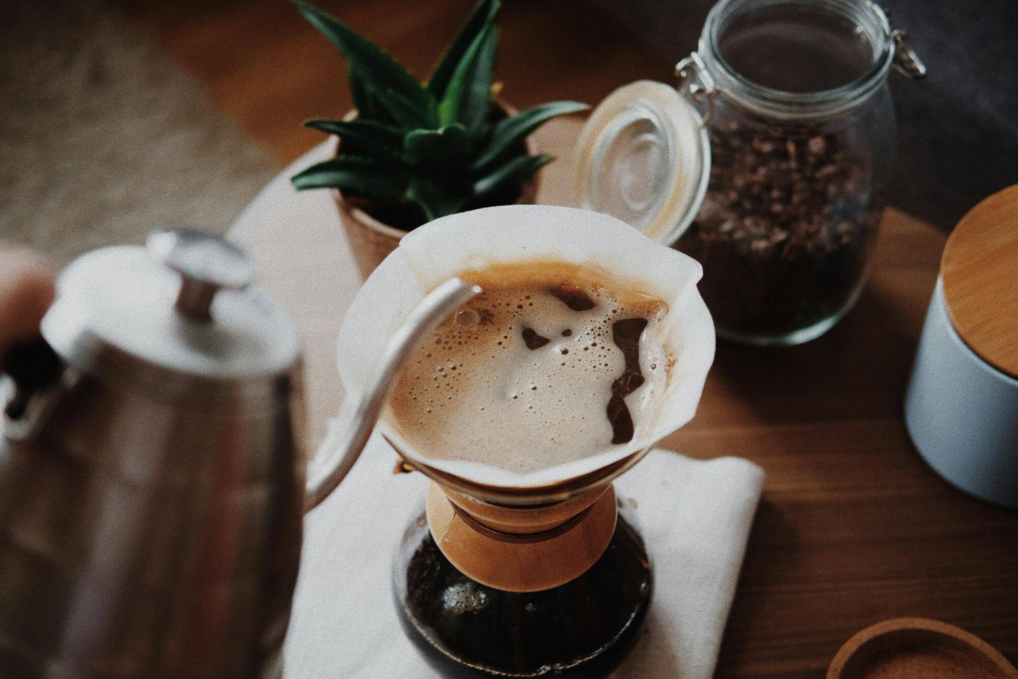 pour-over coffee brewing with gooseneck kettle