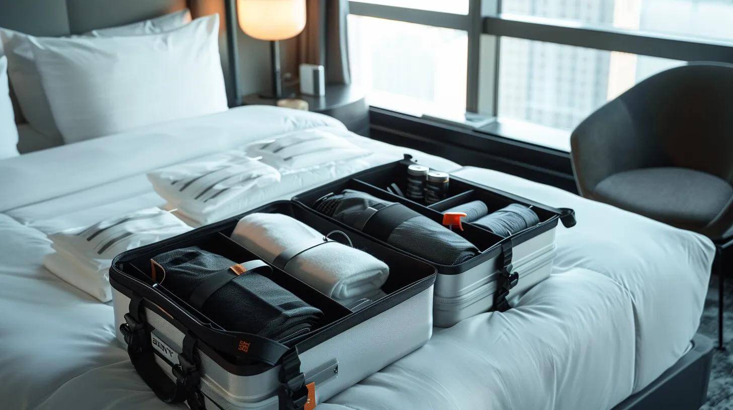 a modern, well-organized travel suitcase is displayed open on a sleek hotel bed, featuring neatly rolled garments, packing cubes, and a compact wrinkle-release spray, all meticulously arranged to showcase an efficient packing strategy for pristine travel.