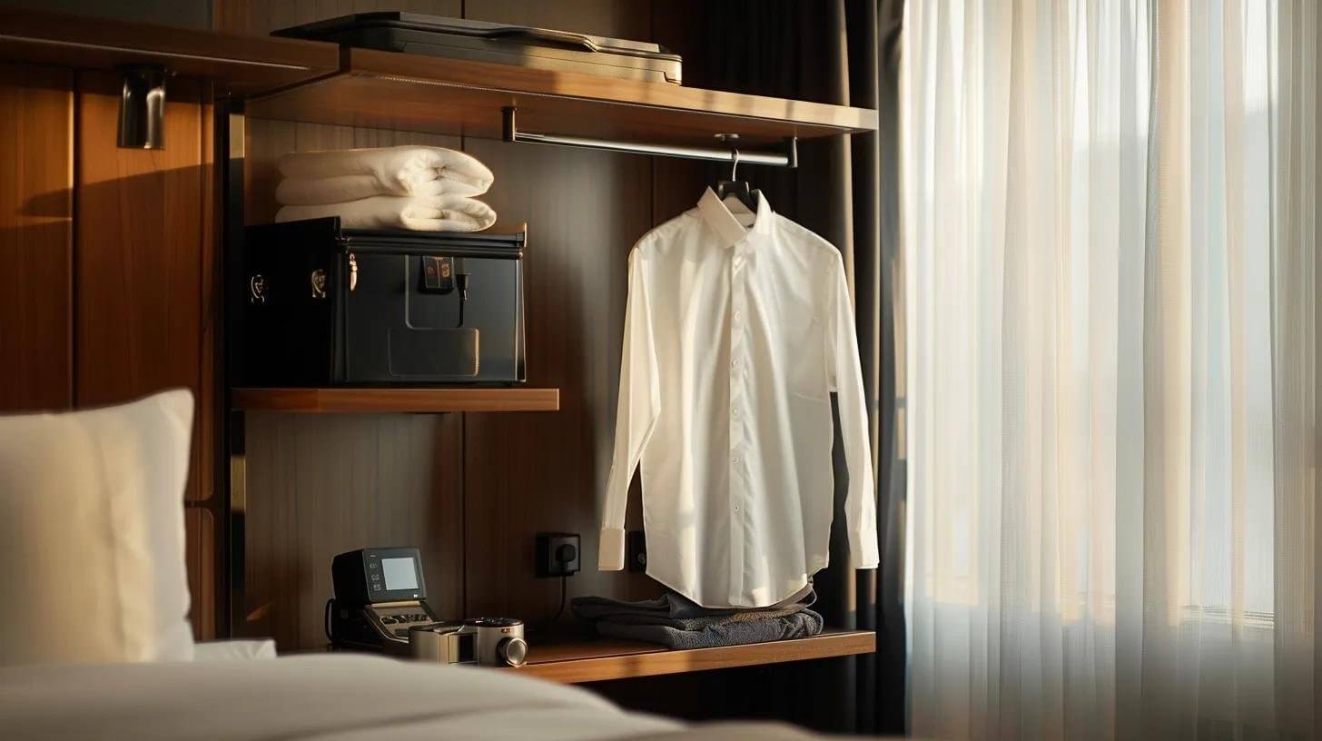 a sleek, modern hotel room showcases a compact steamer efficiently smoothing out a wrinkled shirt on a stylish clothing rack, highlighting its practicality for the discerning traveler amidst urban sophistication.