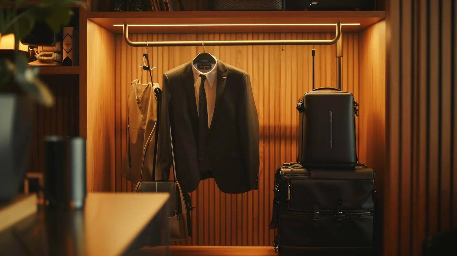 a sleek, modern office space showcases a graduation outfit elegantly steamed and hanging on a stylish garment rack, with a compact travel steamer prominently displayed alongside a neat travel bag filled with accessories, illuminated by soft, focused lighting to emphasize the meticulous preparation for a stress-free graduation day.