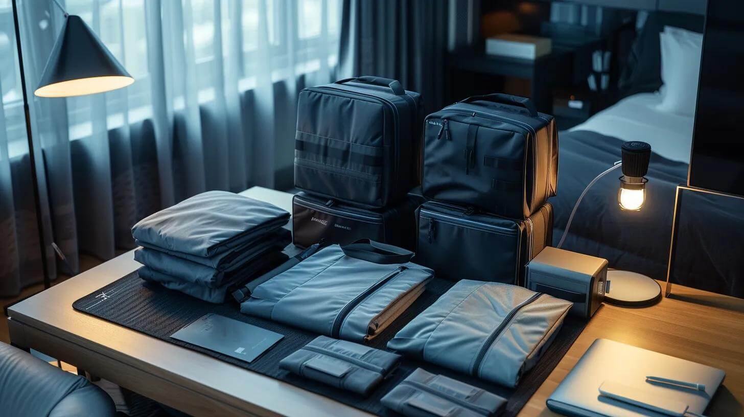 a sleek, modern travel setup showcases neatly arranged garment bags and packing cubes beside a nori press, illuminated by soft office lighting, emphasizing the organized elegance of wrinkle-free packing accessories for the discerning traveler.