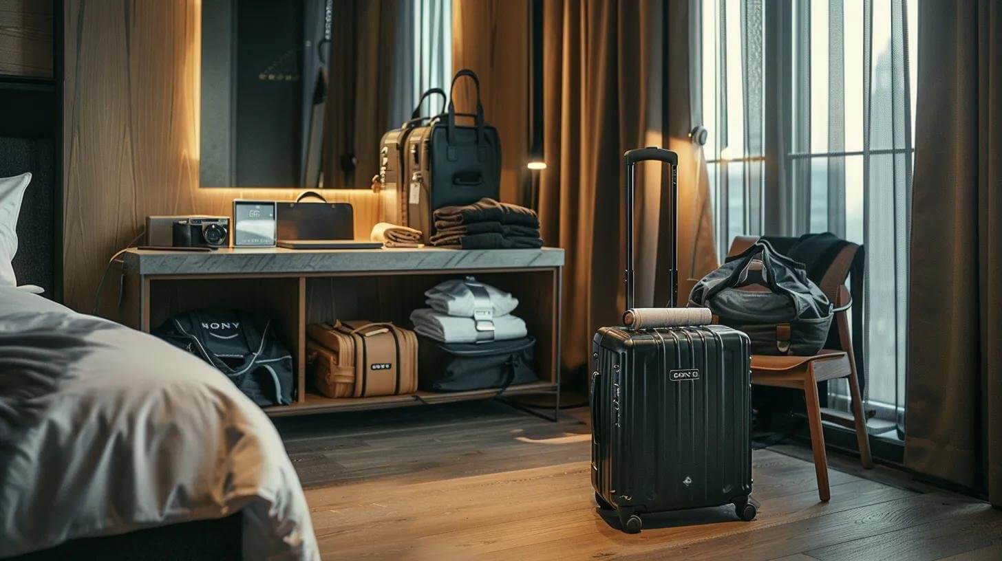 a sleek, modern travel setup showcases a neatly organized suitcase, meticulously packed with wrinkle-free garments and the compact nori press travel iron, all arranged on a polished wooden floor in a chic urban hotel room, illuminated by soft, ambient lighting.