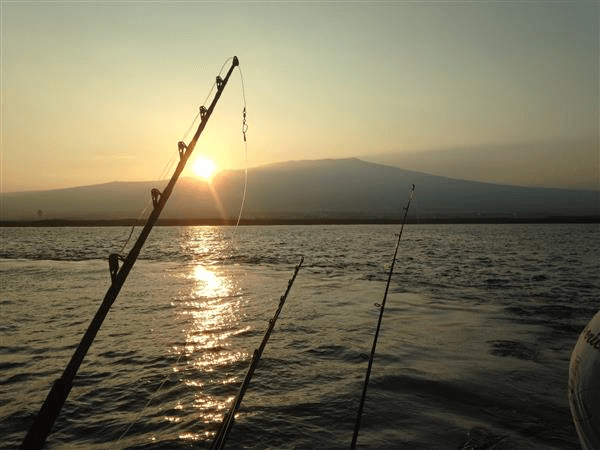 Fishing rods at sunrise off Kona with a volcano in the background.