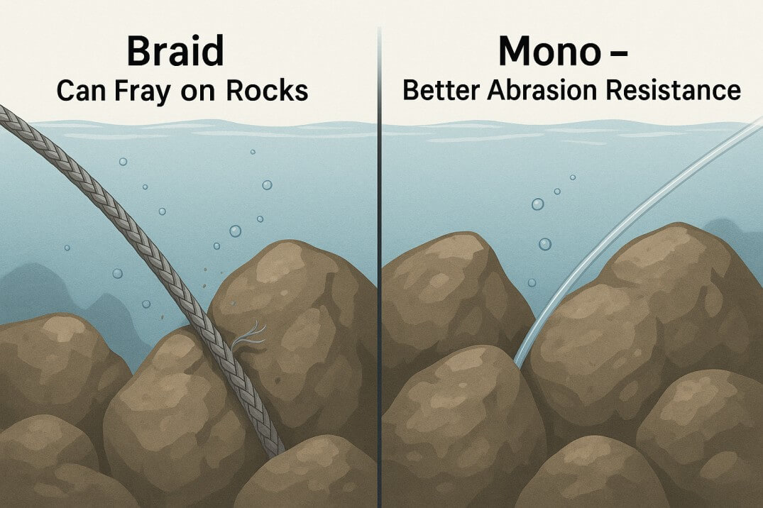 Braided vs monofilament line abrasion test on rocks illustration.