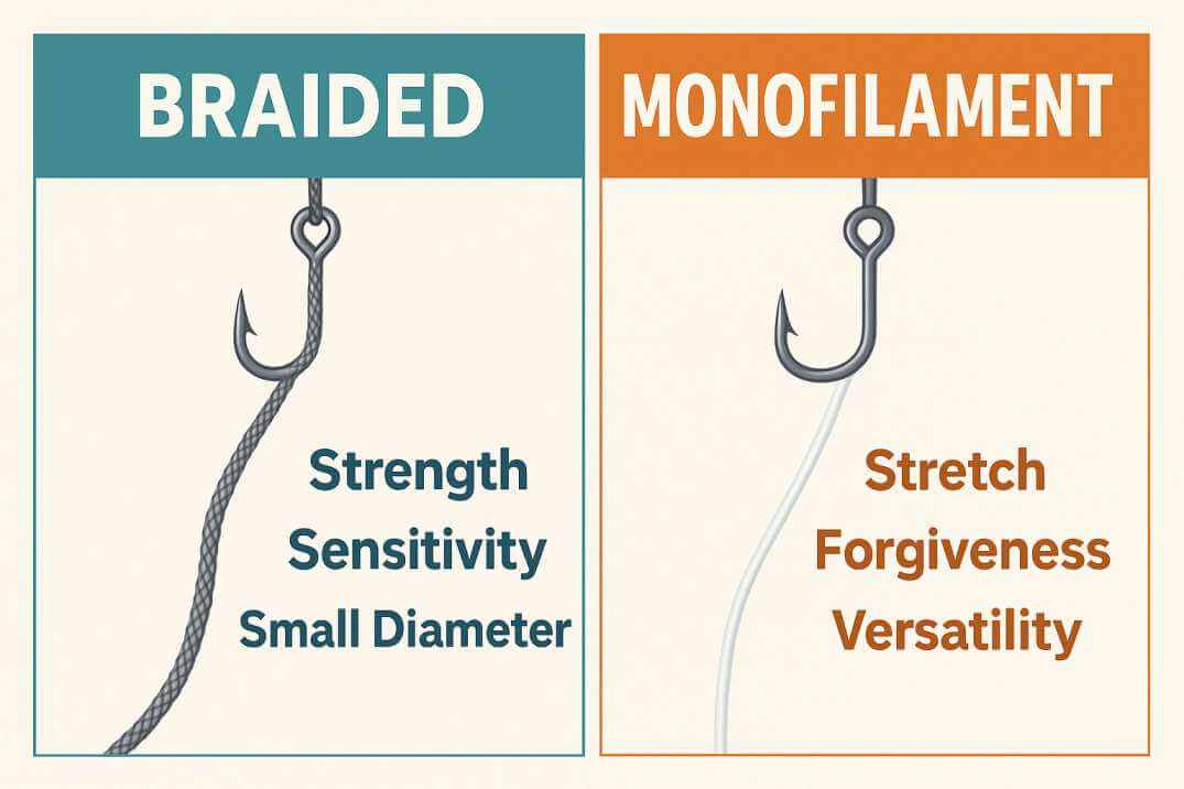 Mono vs braid fishing line stretch comparison illustration.