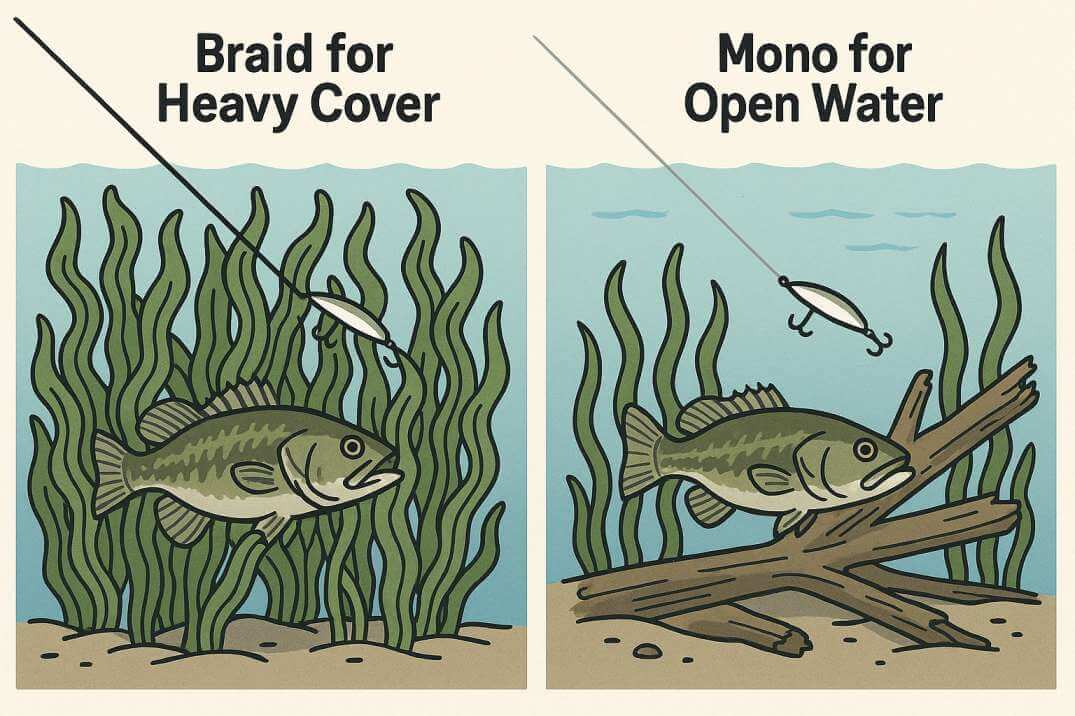Fishing line comparison in heavy cover, braid cutting through weeds, mono snagging.