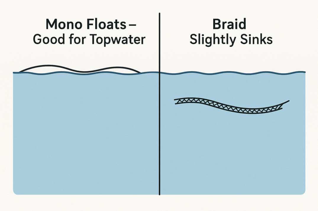 Mono fishing line floating on water, braid sinking slightly below surface.