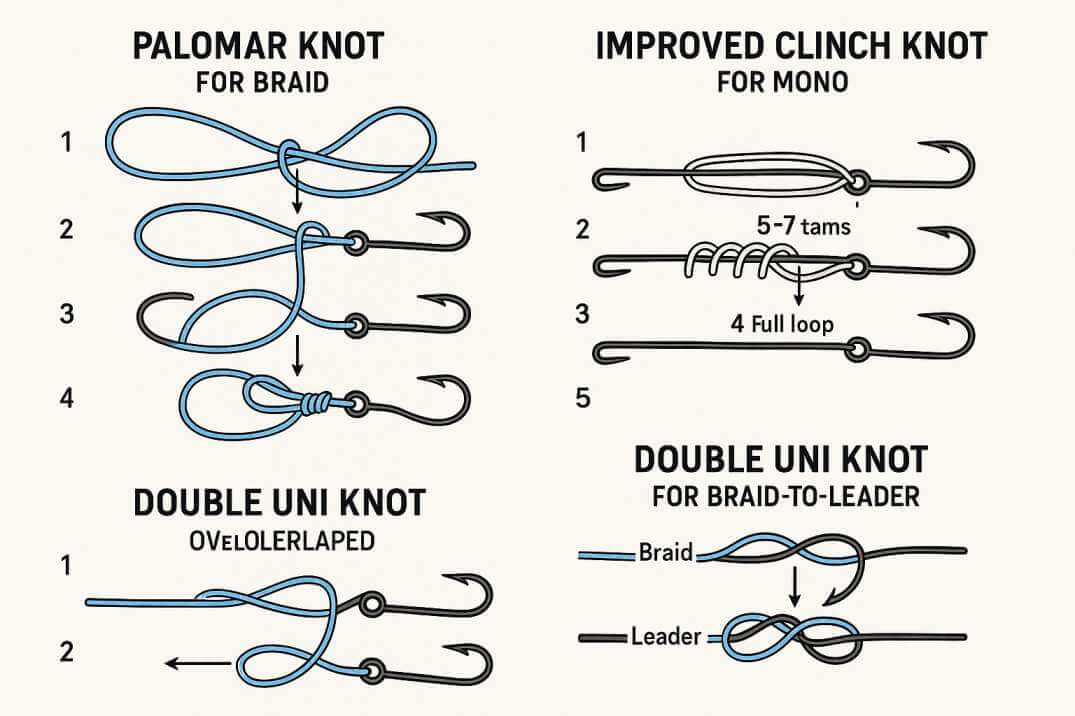 Fishing knot infographic showing Palomar, Improved Clinch, and Double Uni knots.