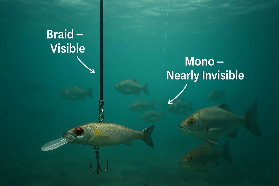 Underwater view of fish approaching lure, braid visible and mono nearly invisible.