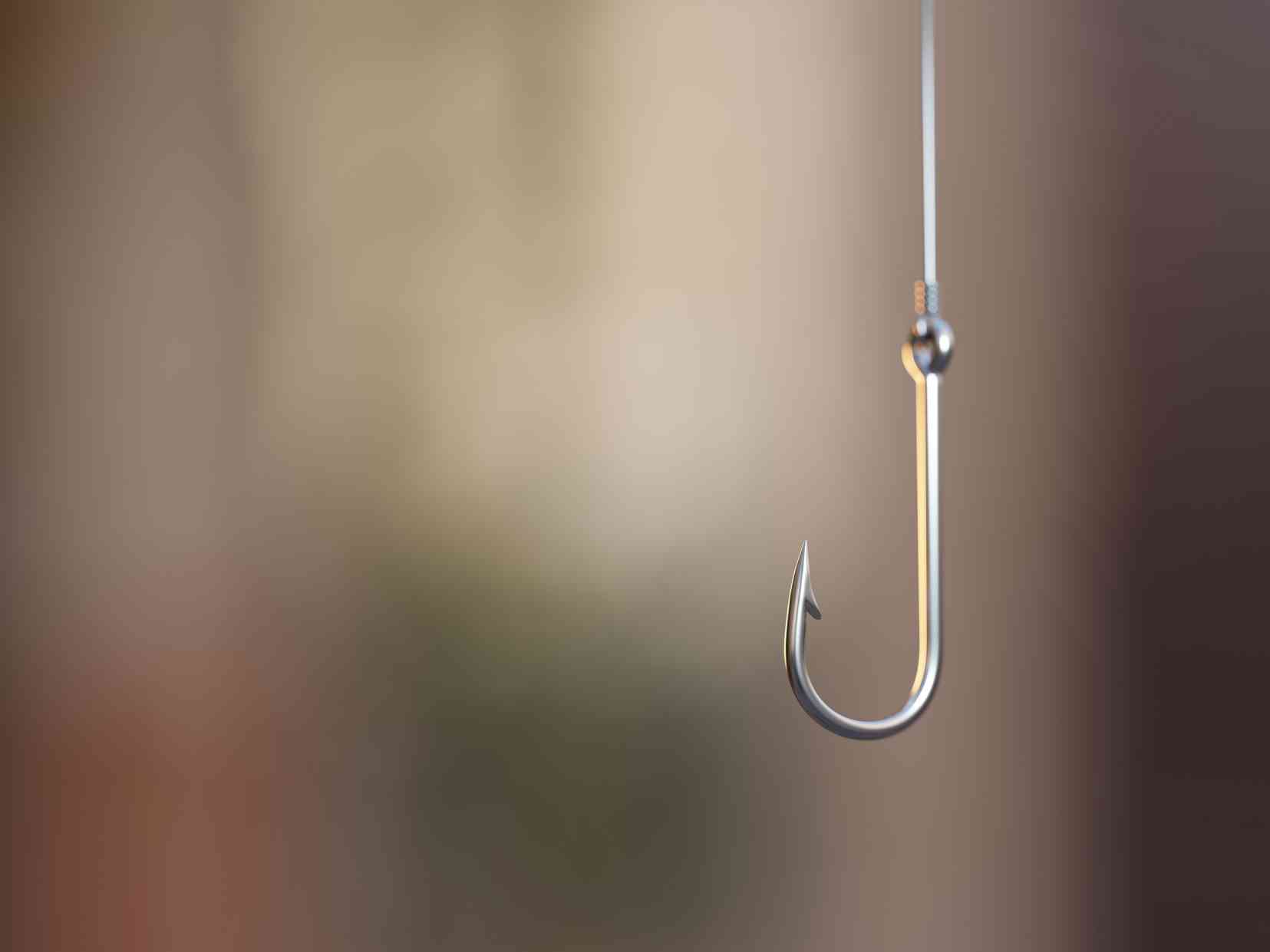 Close-up of a single fishing hook hanging on a line