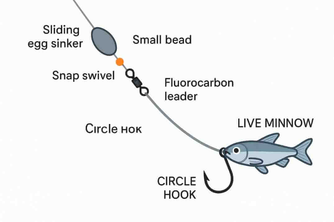 Carolina rig setup for flounder fishing with egg sinker, swivel, leader, and live minnow.