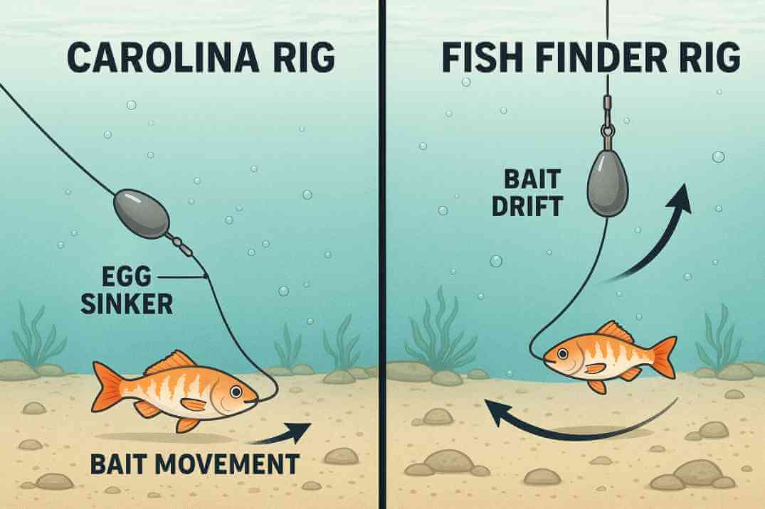Comparison of Carolina rig vs Fish Finder rig showing bait drift action for catching flounder.