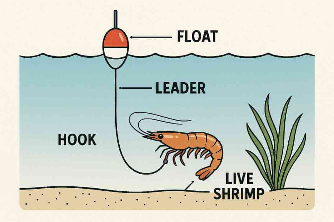 Float rig for shallow water flounder fishing with popping cork and live shrimp suspended below.