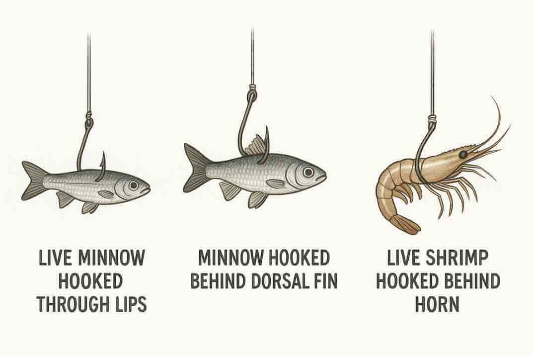 Correct hook placements for live bait: minnow hooked through lips and dorsal fin, shrimp hooked behind horn.