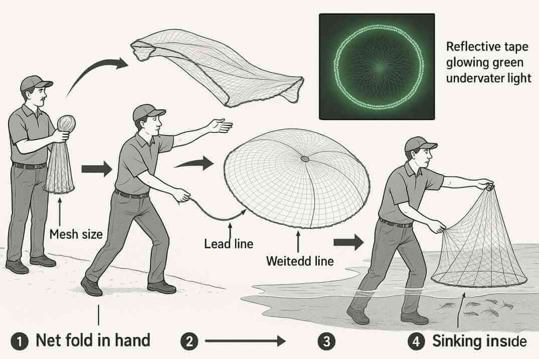 Step-by-step diagram of how to catch shrimp from shore with a cast net, showing the spread, sinking lead line, and shrimp caught.