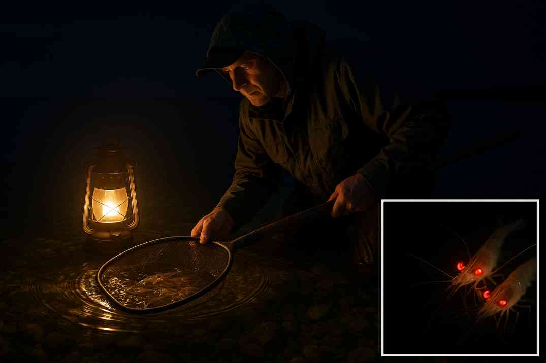 Angler catching shrimp from shore at night with a lantern, using a dip net to scoop live shrimp, with glowing shrimp eyes in the water.