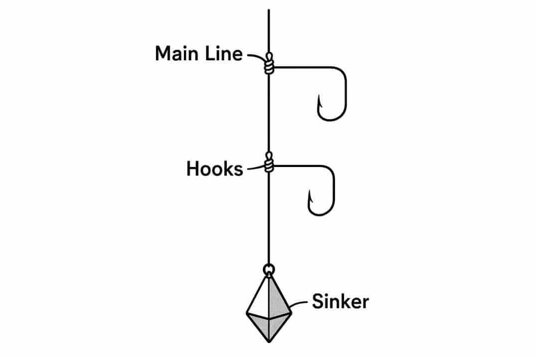 High-low rig diagram showing vertical fishing line with two dropper hooks and a pyramid sinker for pier fishing.