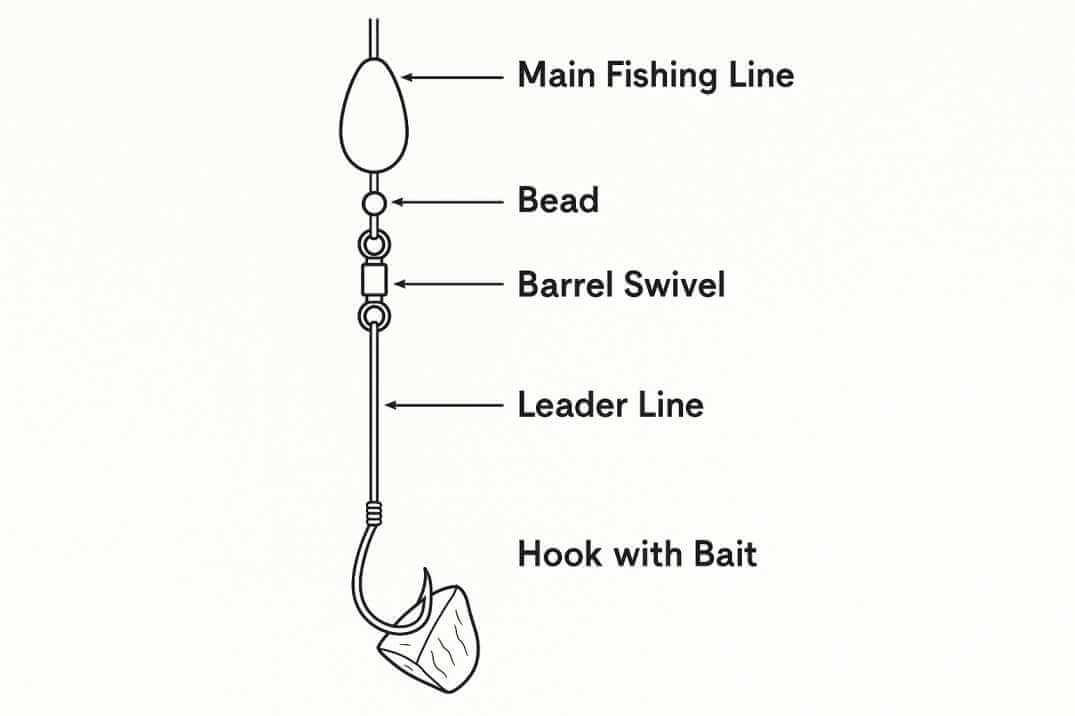 Fish finder rig diagram with sliding sinker sleeve, bead, swivel, leader, and hook for natural bait presentation.