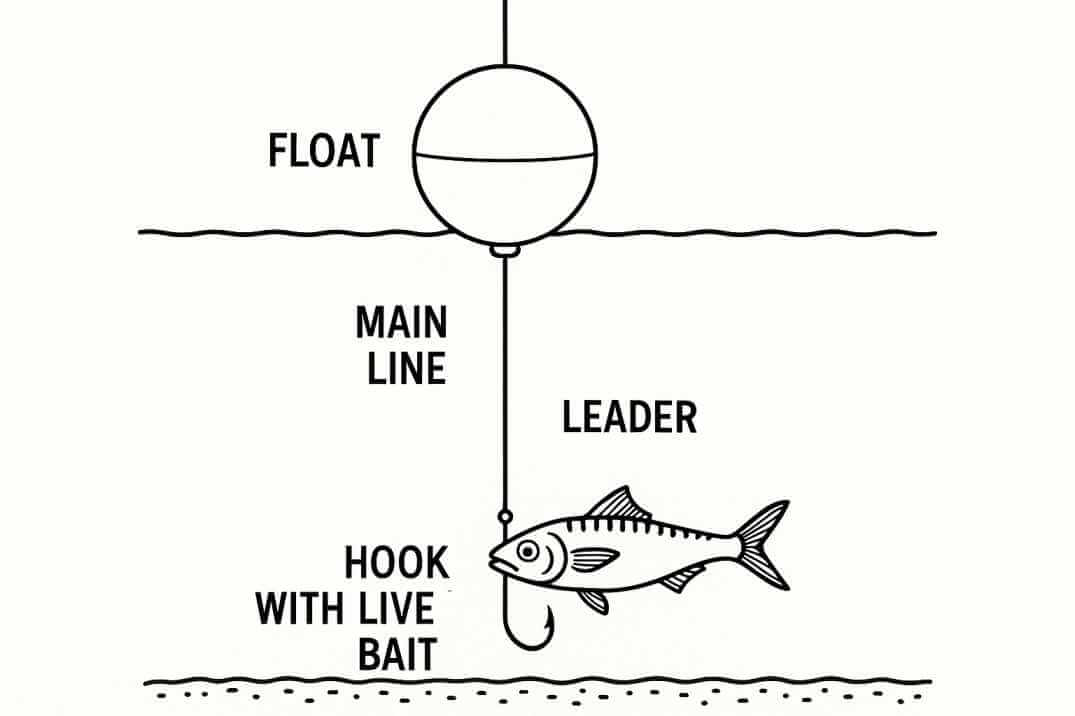Float rig diagram with a round float keeping live bait suspended above the bottom for targeting Spanish mackerel and kingfish.
