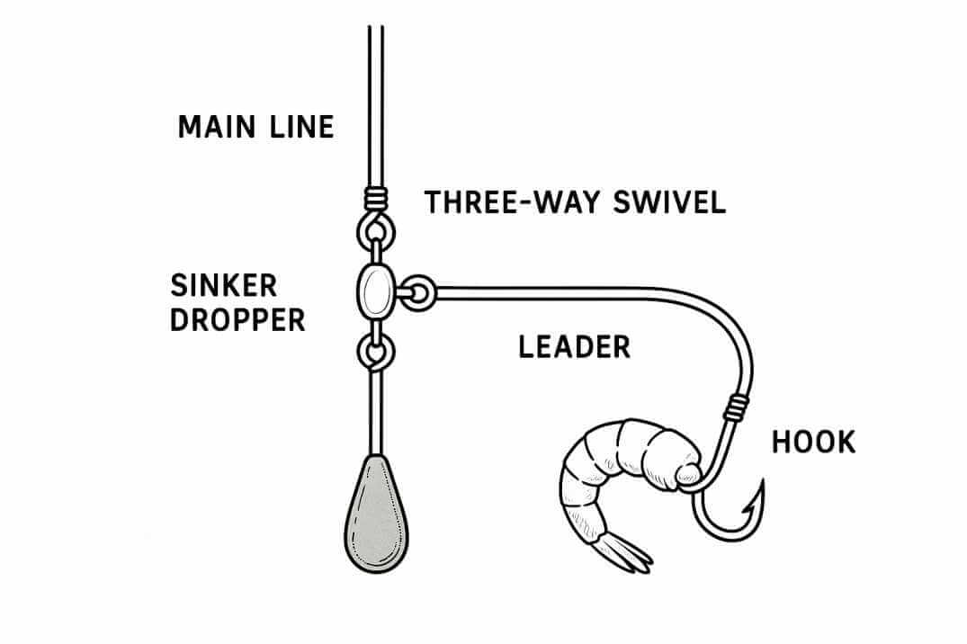 Three-way rig diagram with swivel, sinker drop line, and hook leader for bottom fishing in strong pier currents.