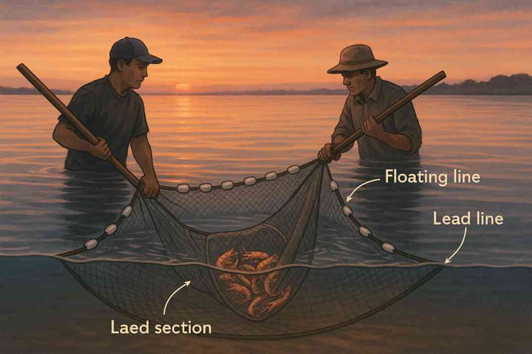 A seine net in waist-deep water to catch shrimp from shore, with floating line on top and lead line on the bottom.