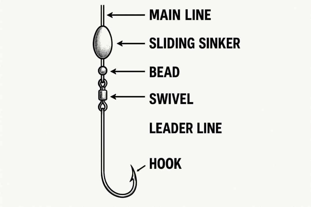 Labeled diagram of a fish finder rig showing the main line, sliding sinker, bead, swivel, leader line, and hook.