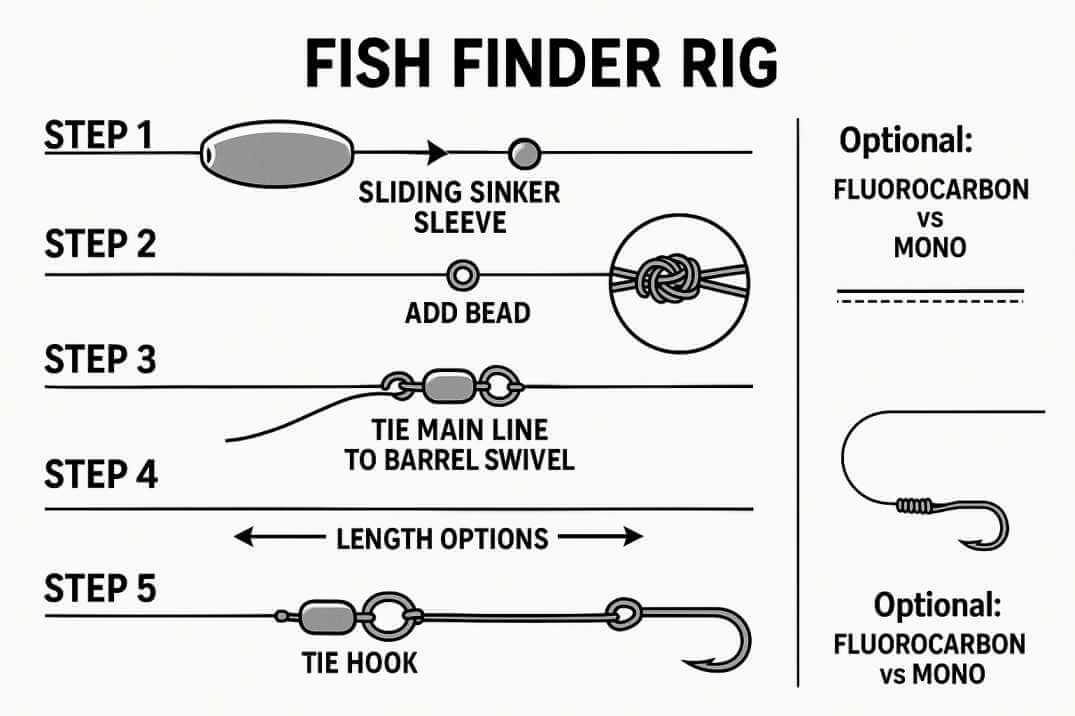 Step-by-step diagram showing how to tie a fish finder rig with sinker, bead, swivel, leader, and hook.