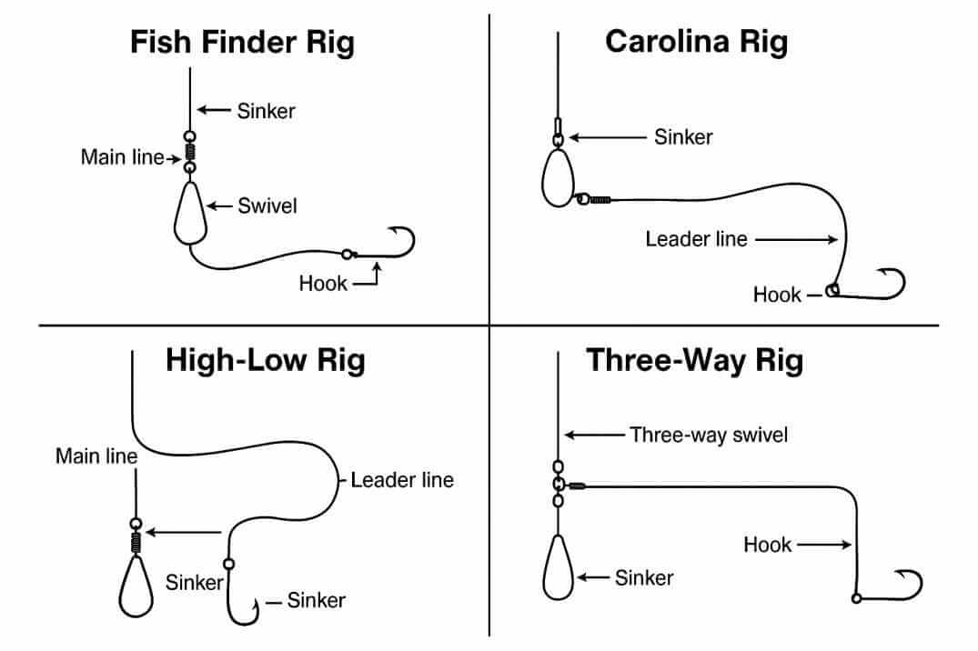 Comparison chart showing fish finder rig, Carolina rig, high-low rig, and three-way rig.