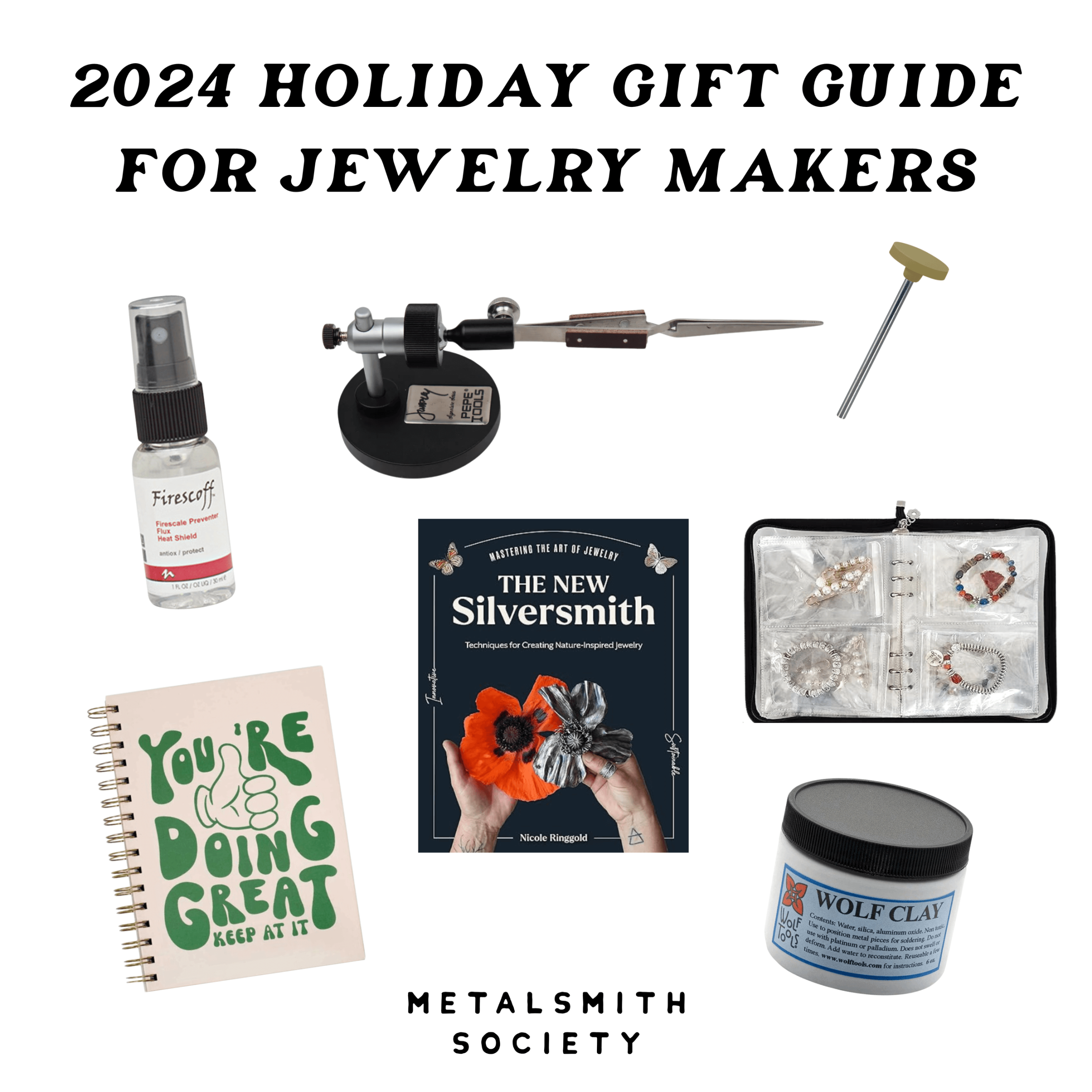 collection of jewelry tools from the Metalsmith Society's 2024 Holiday Gift Guide for jewelers, featuring various consumable items and educational books, presented as cutouts on a white background, emphasizing essential resources for jewelry making.