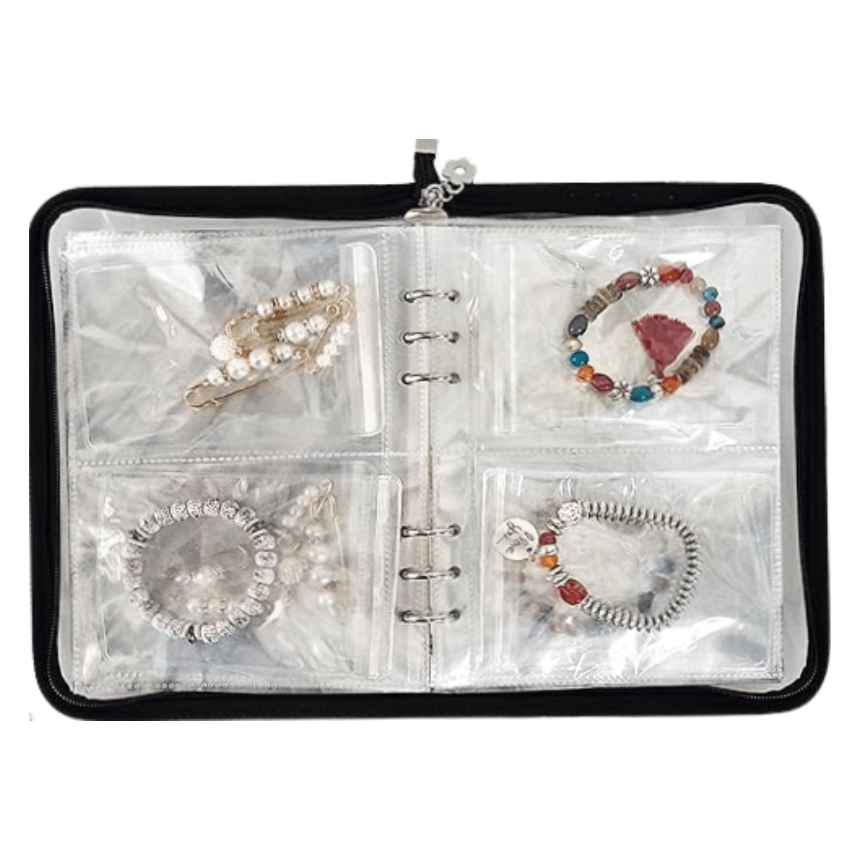 Transparent Jewelry Storage Book with 48 grids and pouches, designed for organizing earrings, rings, necklaces, and bracelets, featuring a durable waterproof PVC material and a zipper closure for travel. Listed on the 2024 Holiday Gift Guide For Jewelers.