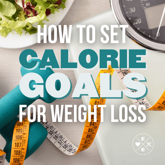 A digital scale with a yellow measuring tape draped over it, a pair of teal dumbbells, and a plate of fresh salad in the background. The bold text overlay reads, 