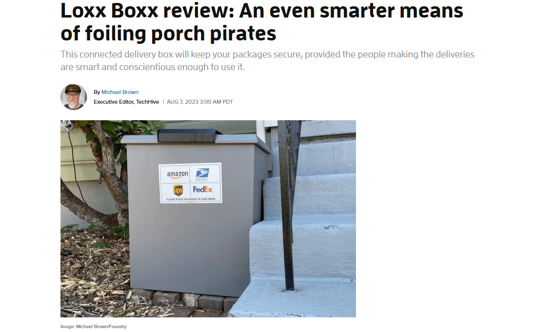 TechHive - Editors' Choice Award article with picture of loxx boxx near front doorstep