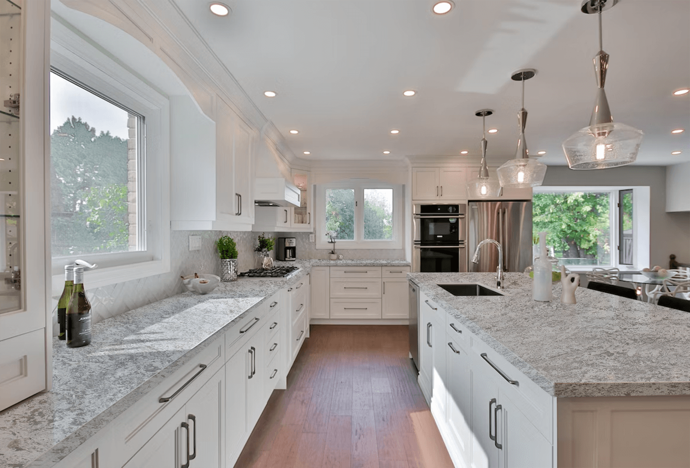 Avean White Granite Covering Kitchen Countertops to Floors