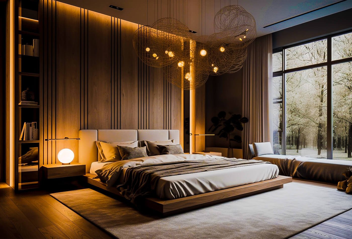 Contemporary Master Bedroom Design With Golden Metallic Detailing