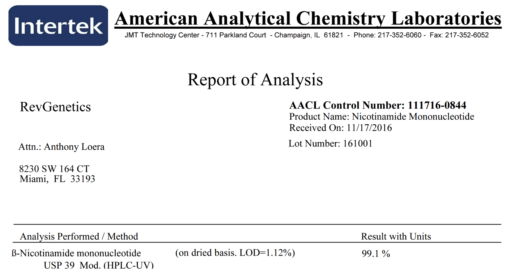 RevGenetics NMN 2016 COA