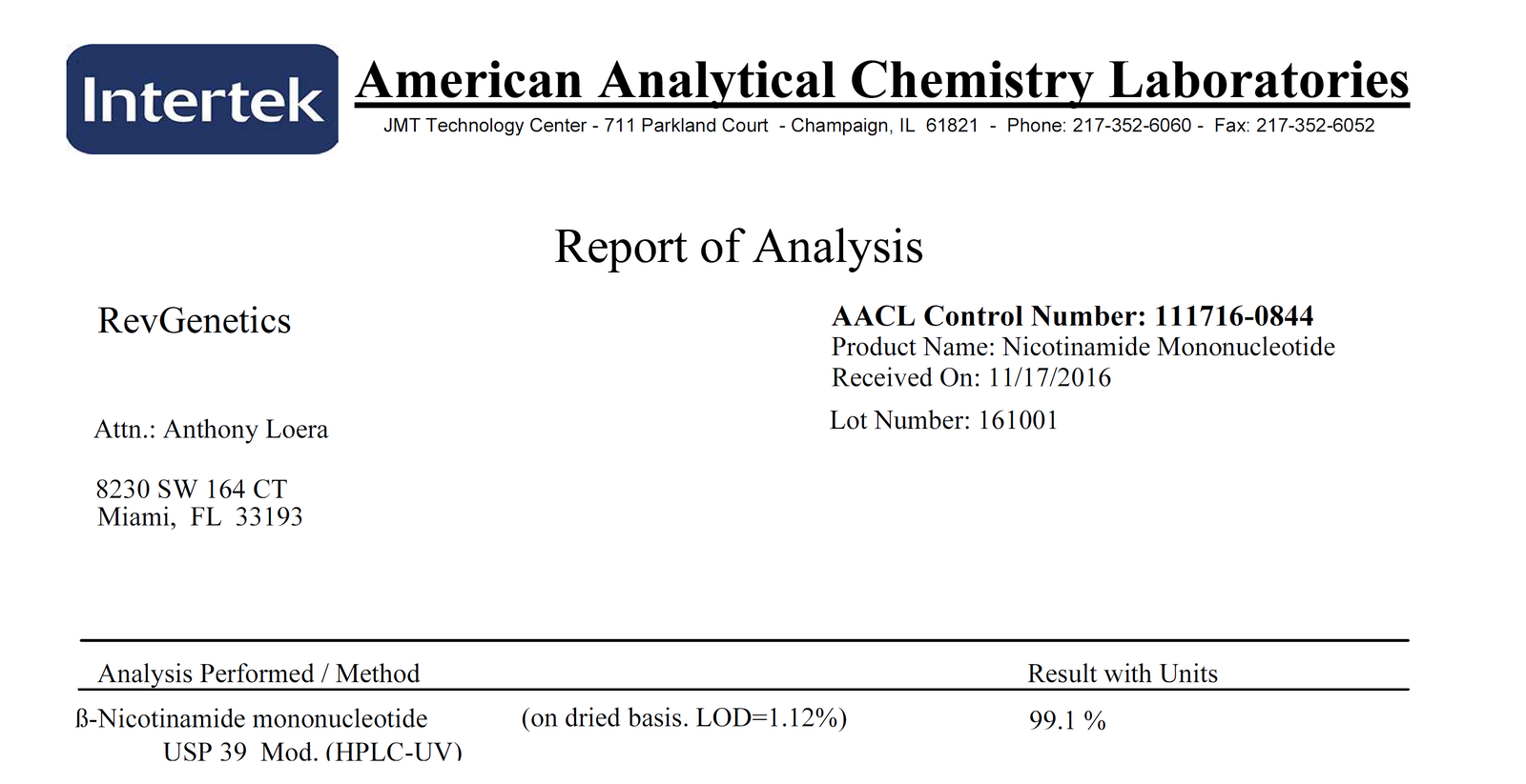 RevGenetics pioneering 2016 NMN Certificate of Analysis demonstrating industry leadership and quality verification