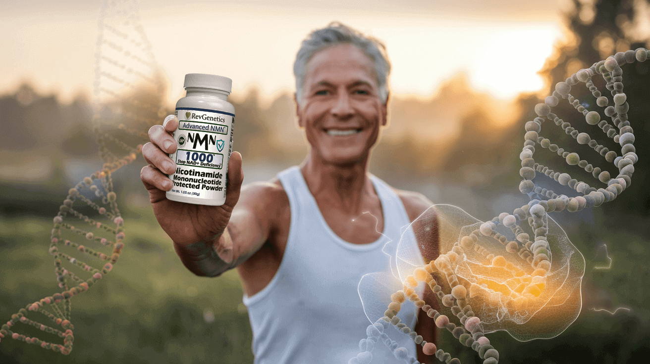 Anti-Aging NMN supplements displayed with healthy foods rich in cellular nutrition