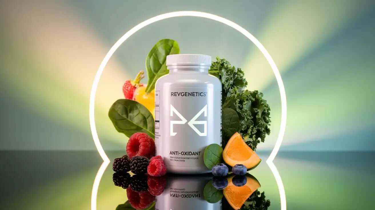 Anti-oxidant supplements displayed with fresh vegetables and fruits rich in natural antioxidants