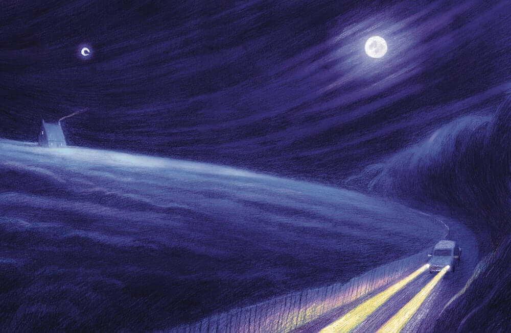 Hempstock farm and home in the moon's glow, a car with lights on driving down the lane—Nik Henderson art