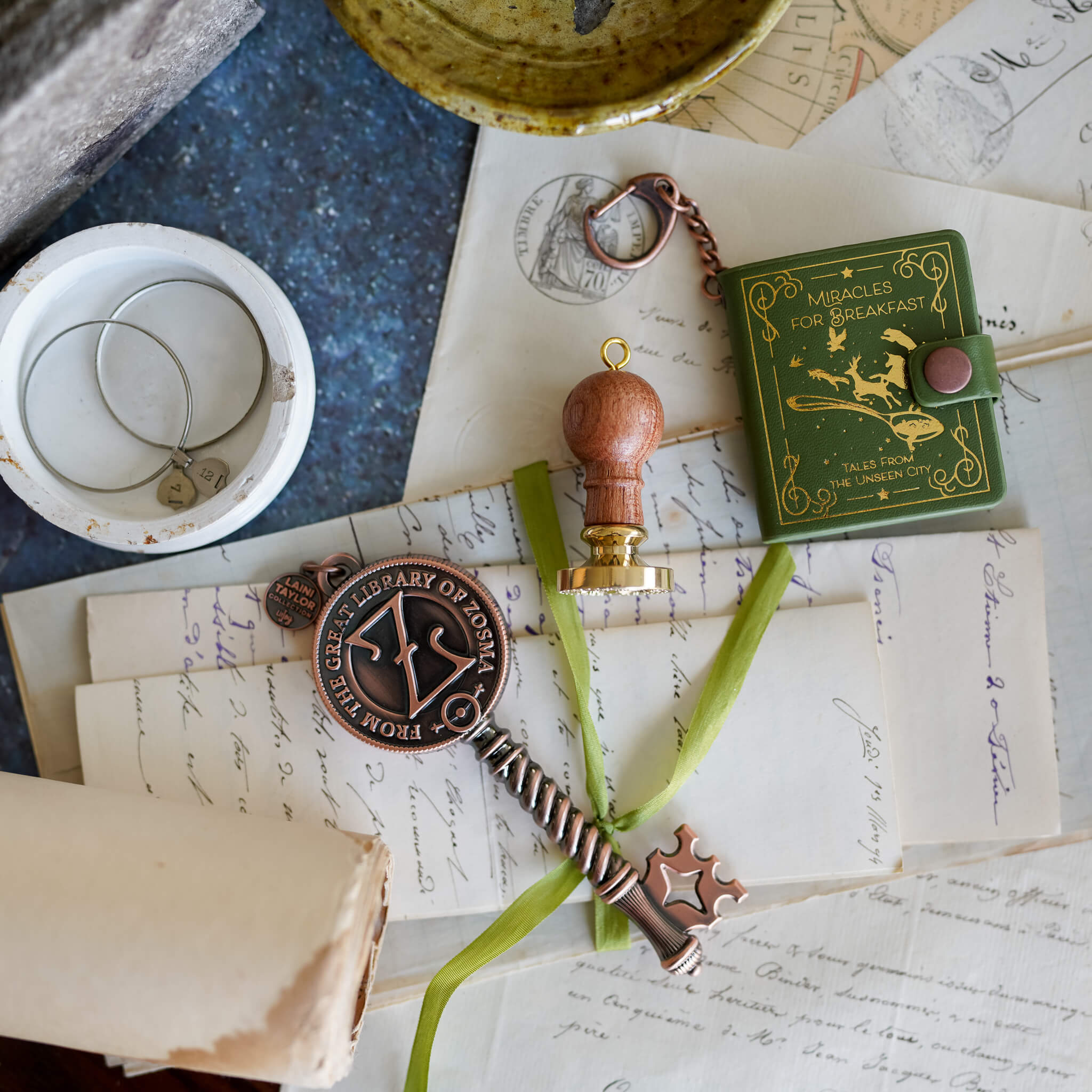 Great Library of Zosma Key in copper color with mini Miracles for Breakfast book charm and moth wax seal charm