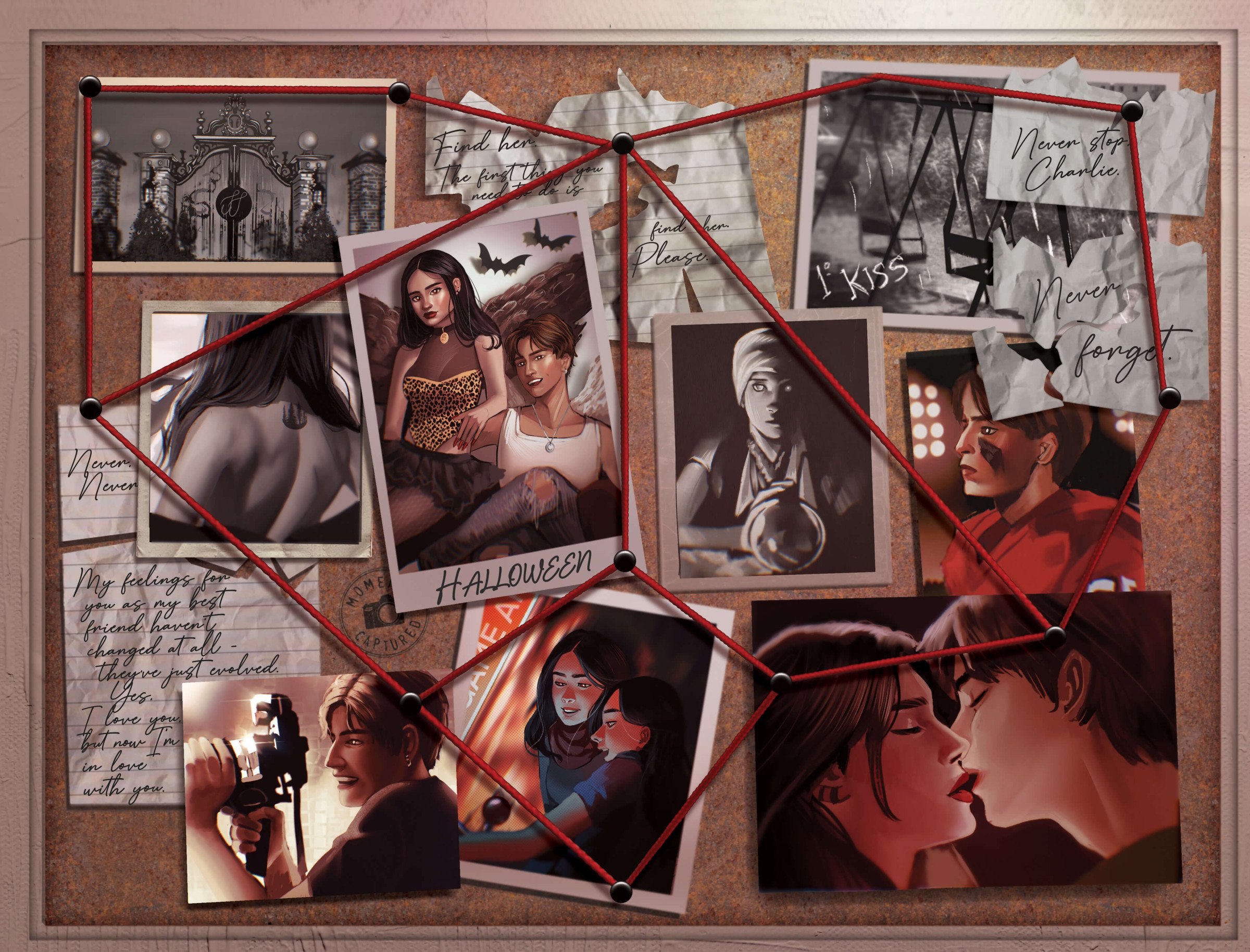 Never Never LitJoy Edition front endpaper art featuring notes and pictures mapping Silas and Charlie's forgotten relationship