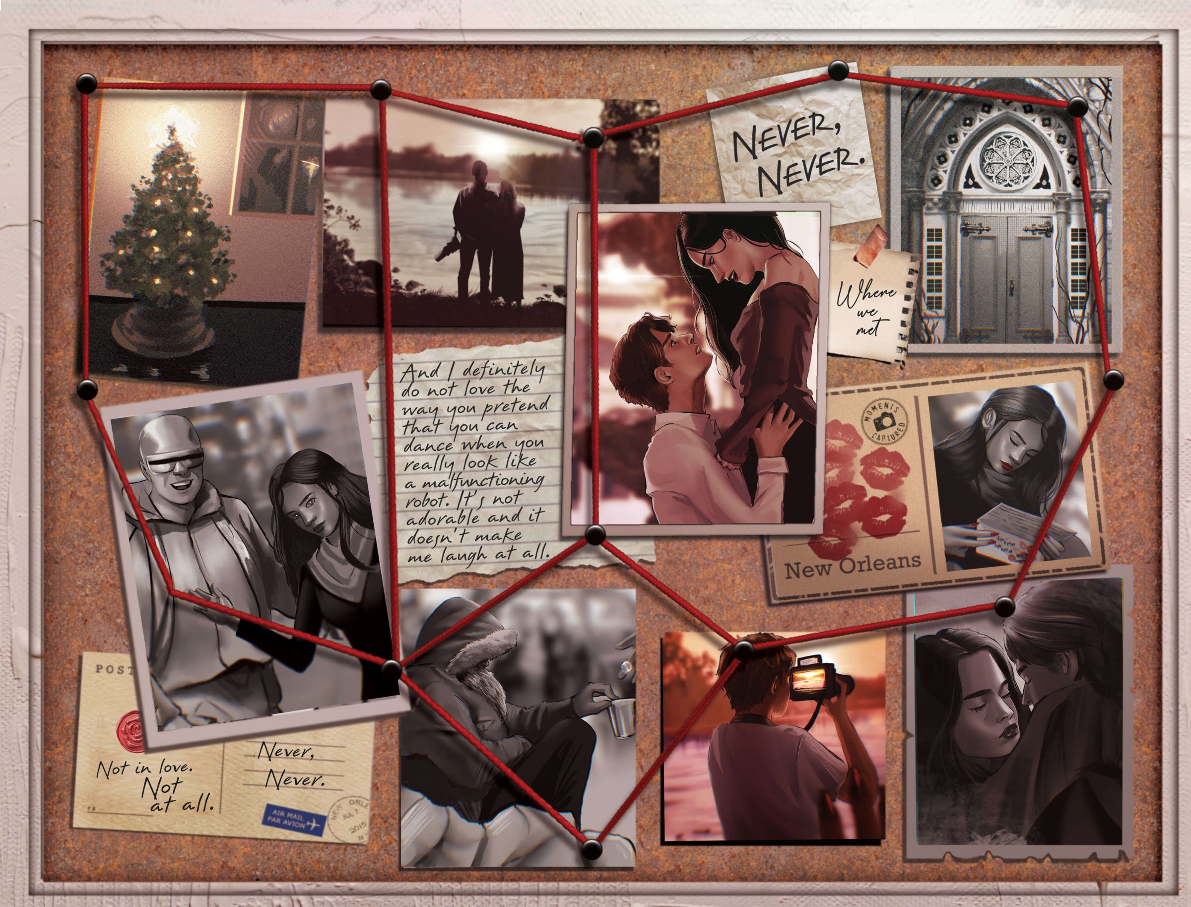 Never Never LitJoy Edition back endpaper art featuring notes and pictures mapping Silas and Charlie's forgotten relationship