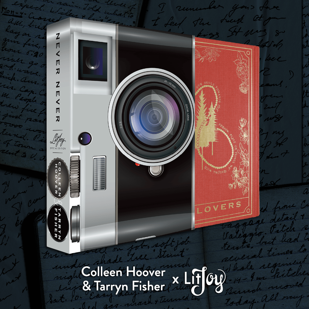 Never Never LitJoy Edition slipcase that looks like a camera with back of book featuring "The Lovers" card on in