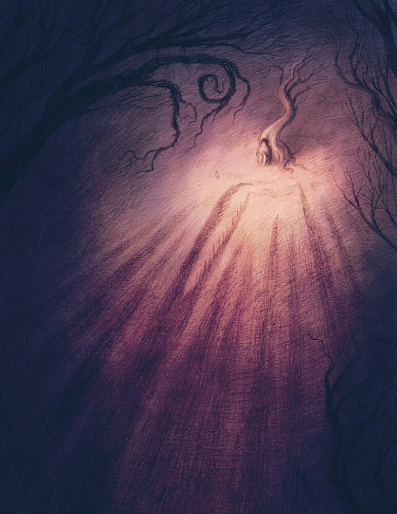 shadows circle the tree encircled in the moon's glow where the boy waits for Lettie—Nik Henderson Illustration