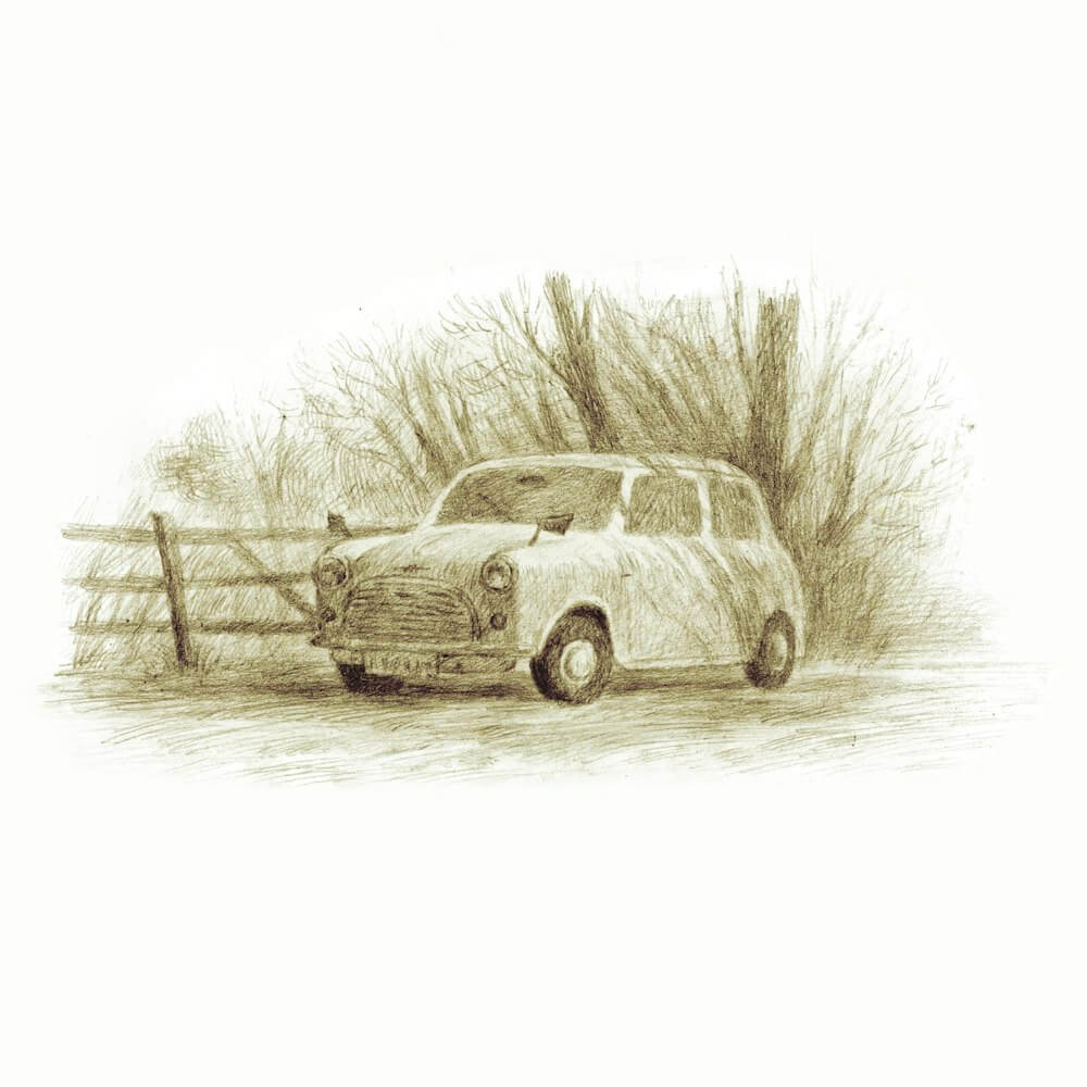 abandoned Mini Cooper at the end of the lane—Nik Henderson art