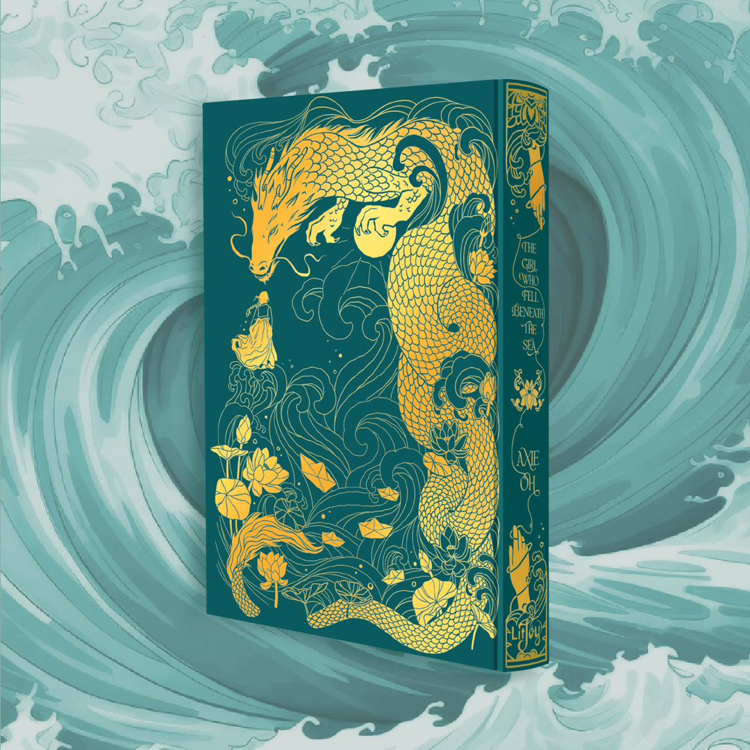 back cover of LitJoy's the girl who fell beneath the sea special edition; sea green cover, gold foil design of sea god