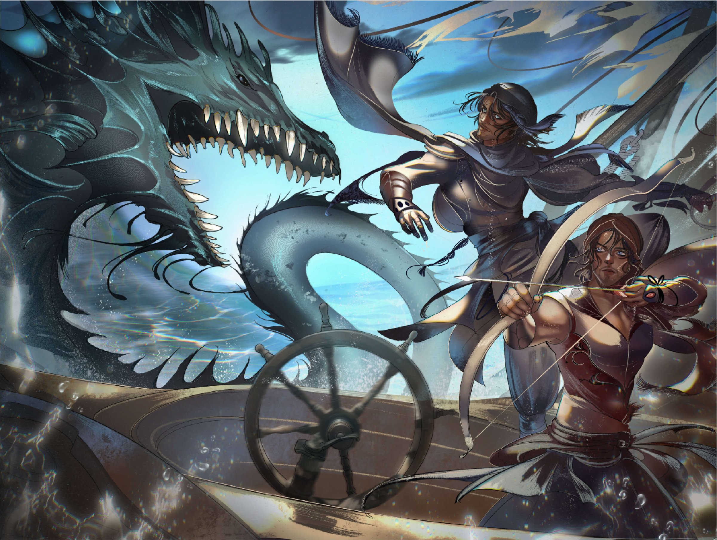 LitJoy's We Hunt the Flames Special Edition endpaper art with characters fighting sea creature